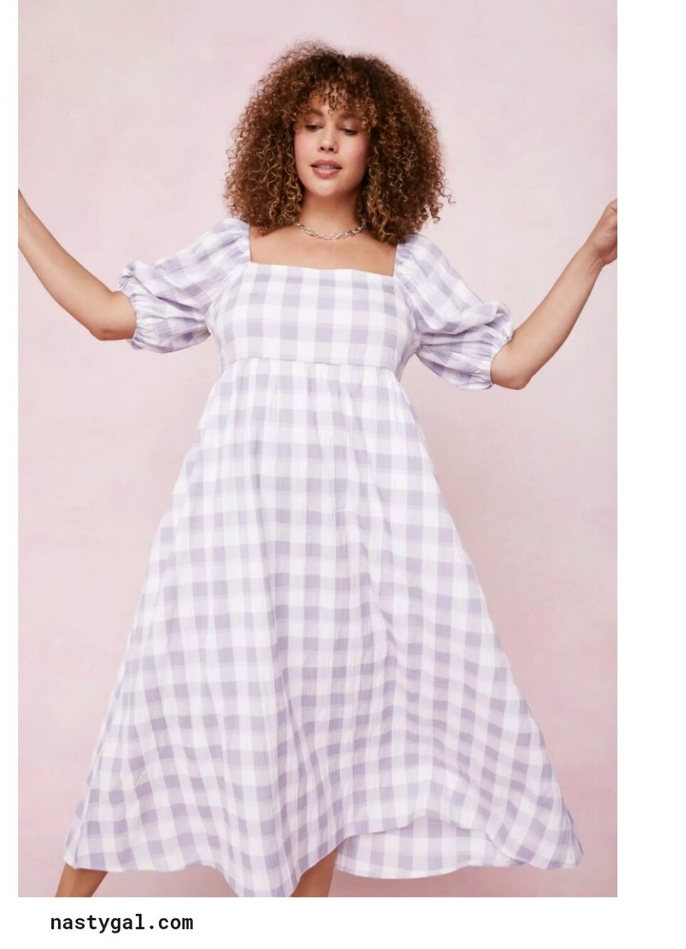 Square Neck Puff Sleeve Gingham Midi Dress in Lavender - Picture 2 of 5
